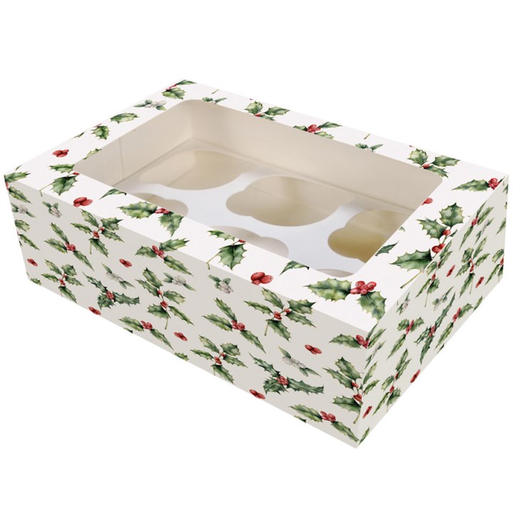 Christmas Holly Cupcake Box - 6 x Cupcakes / 12 x Mini Cupcakes