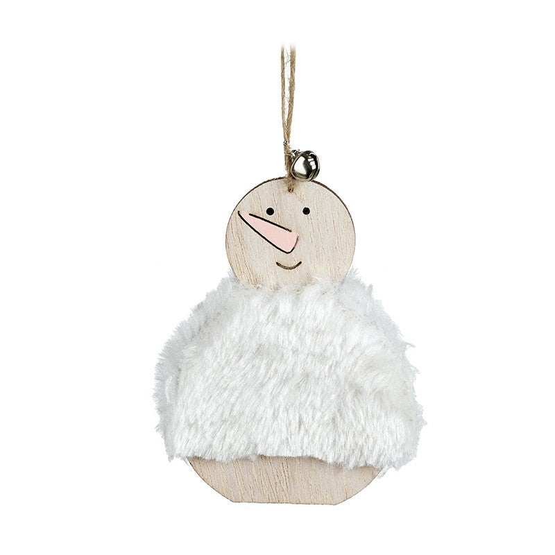 Christmas Tree Hanging Decoration Wooden Snowman In White Fluffy Jumper - The Cooks Cupboard Ltd