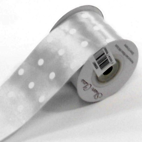 Satin Ribbon with Polka Dot Spots 50mm - Silver - The Cooks Cupboard Ltd