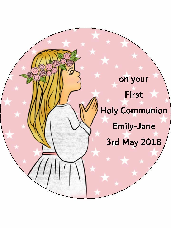 First Holy Communion Pink Personalised Edible Cake Topper Round Icing Sheet - The Cooks Cupboard Ltd