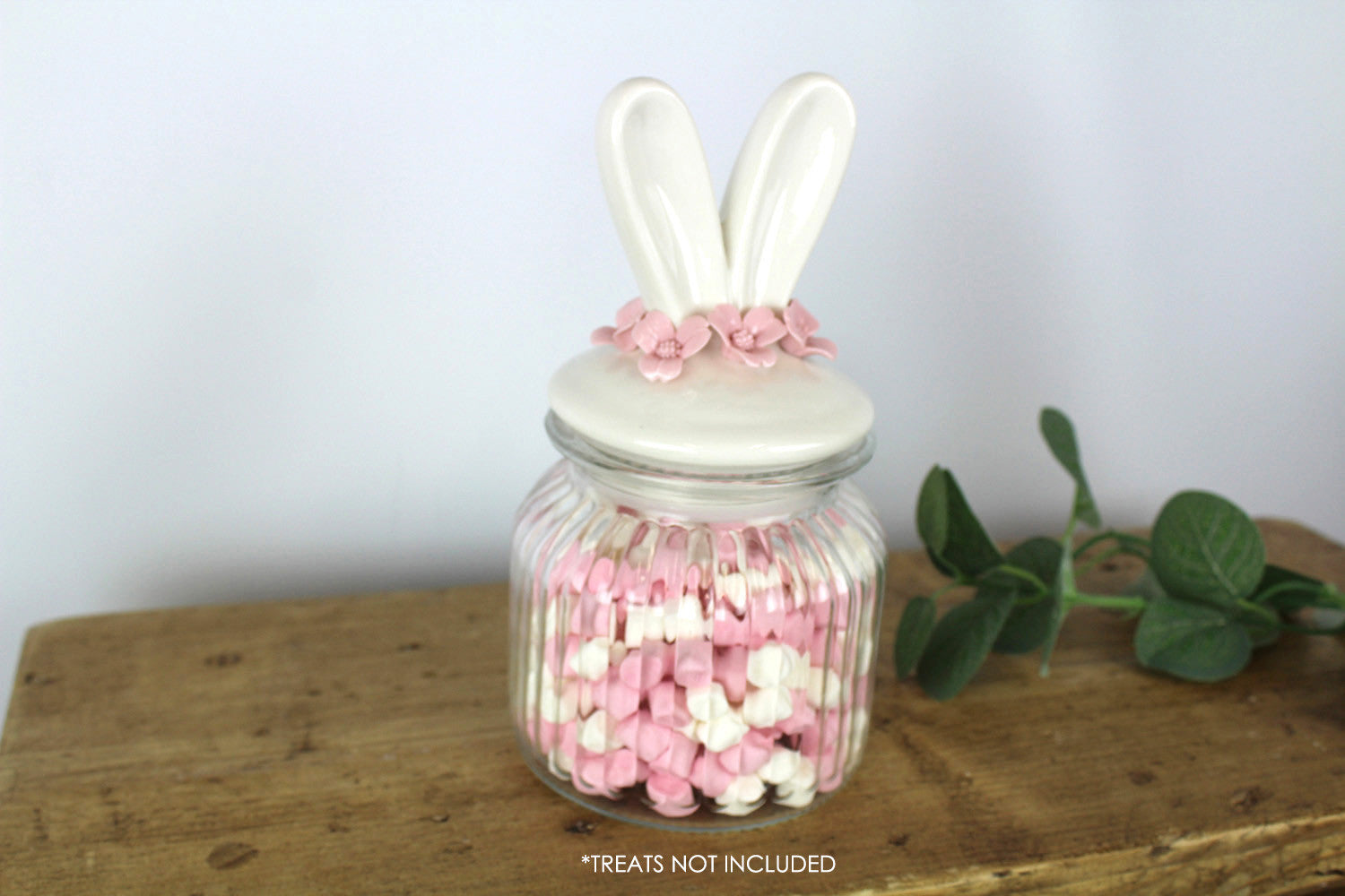 Glass Storage Jar with Bunny Ear and Pink Flower Detail Lid - Kate's Cupboard