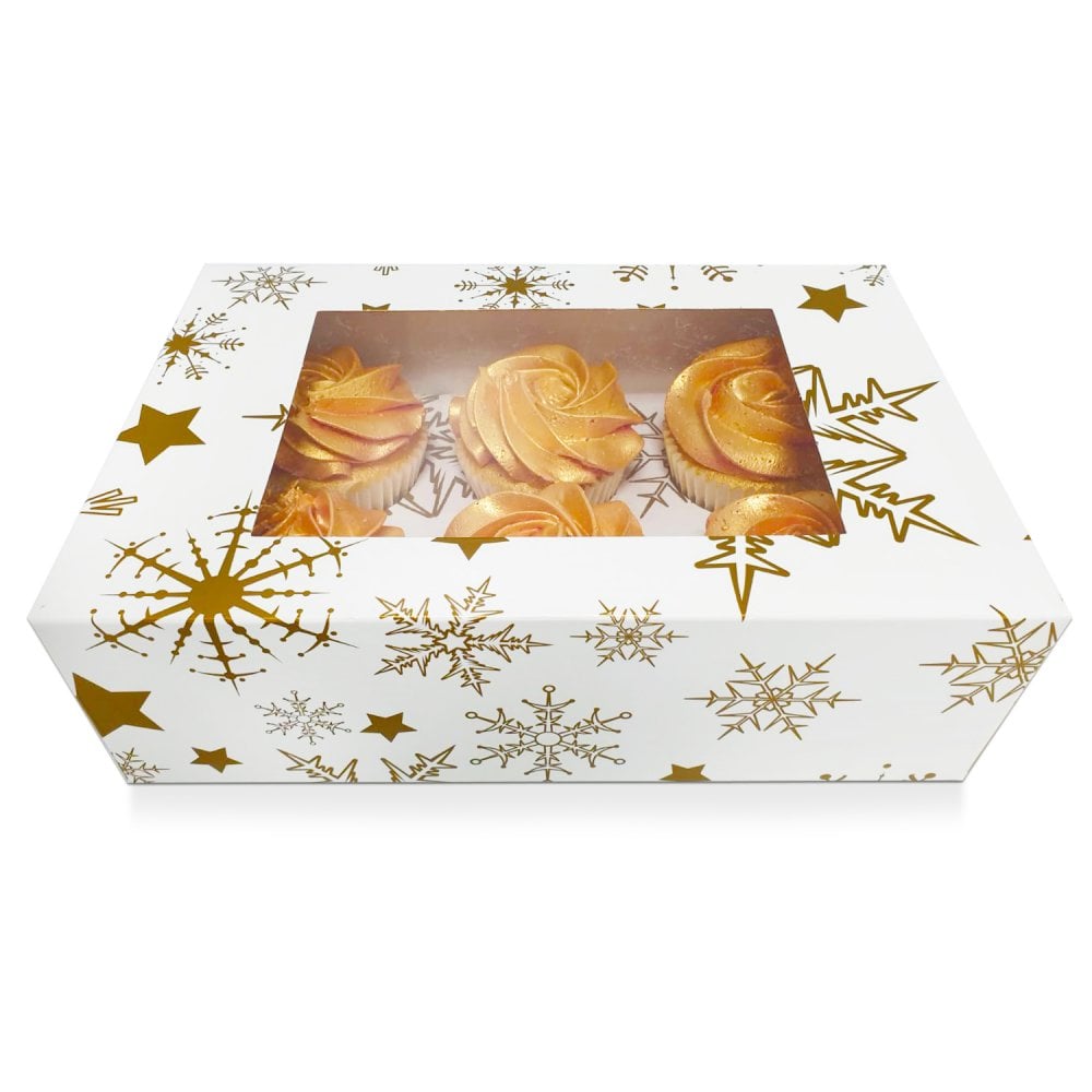 Gold Stars & Snowflakes 6 Cavity / Hole Christmas Cupcake Presentation Box