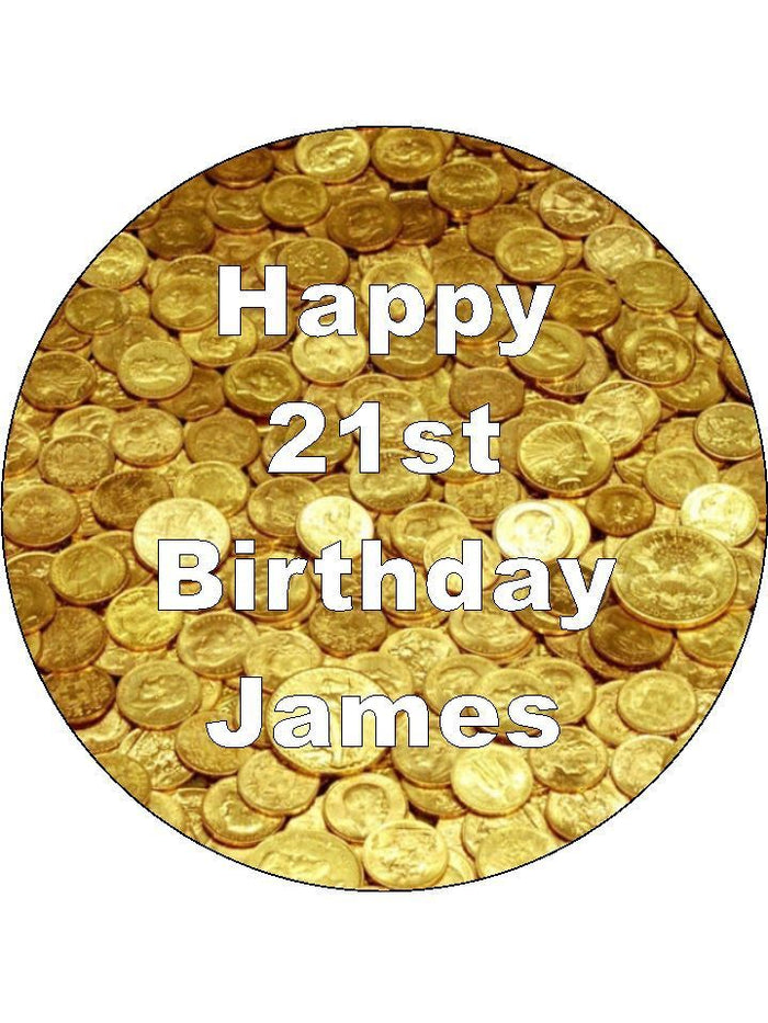 Gold Coins Money Flush Personalised Edible Cake Topper Round Icing She
