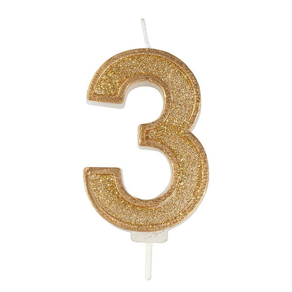 Gold Sparkle Numeral Candle - Number 3 - 70mm - The Cooks Cupboard Ltd