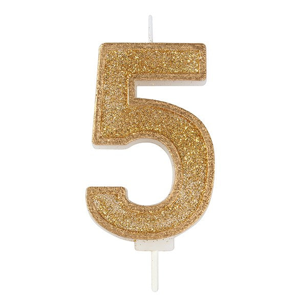 Gold Sparkle Numeral Candle - Number 5 - 70mm - The Cooks Cupboard Ltd