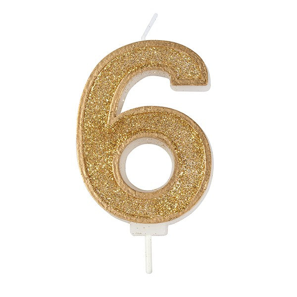 Gold Sparkle Numeral Candle - Number 6 - 70mm - The Cooks Cupboard Ltd