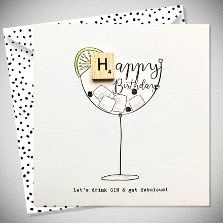 Greeting Card with Envelope - Happy Birthday Let's drink GIN & get fabulous Scrabble Letter Card