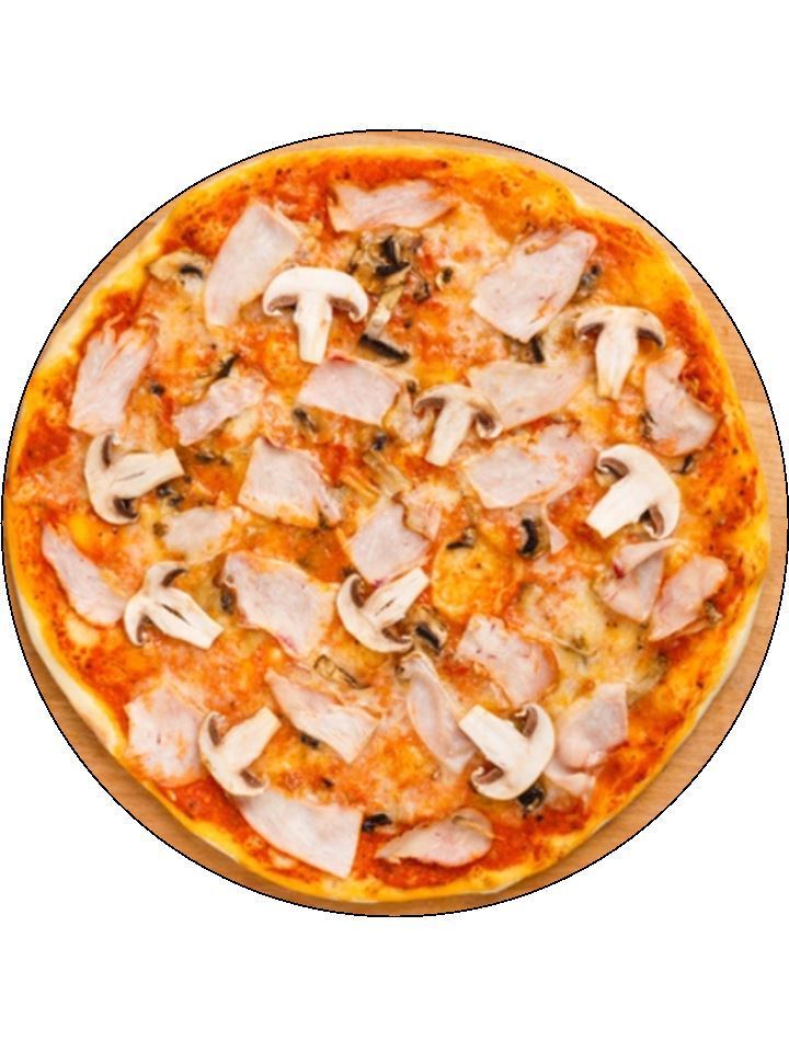 Ham and mushroom Pizza Personalised Edible Cake Topper Round Icing Sheet - The Cooks Cupboard Ltd