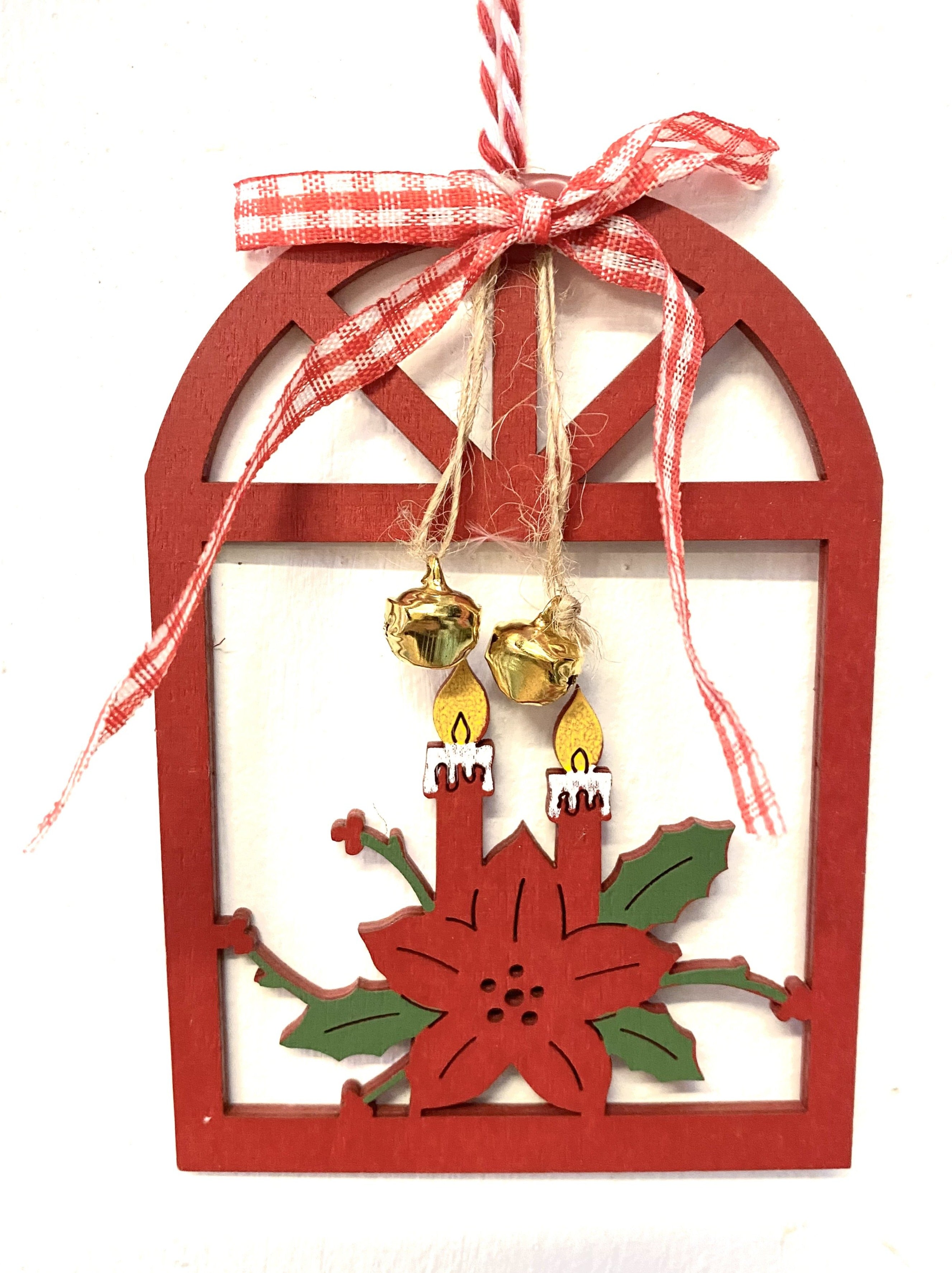 Wooden Hanging Traditional Candle and Poinsettia Theme Christmas Decoration - Kate's Cupboard