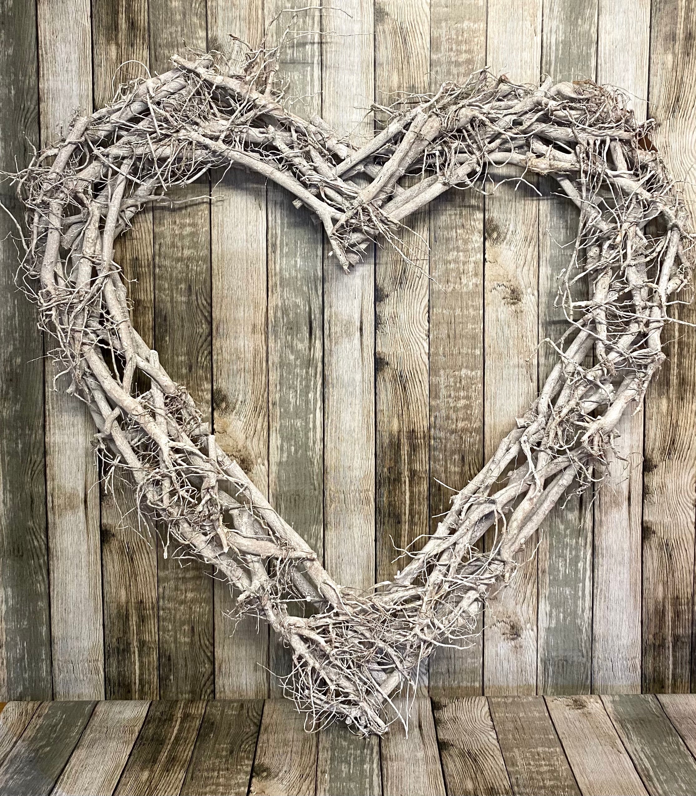 Extra Large Cotton Root and Wood Rustic Decorative Feature Heart - White Washed - Kate's Cupboard