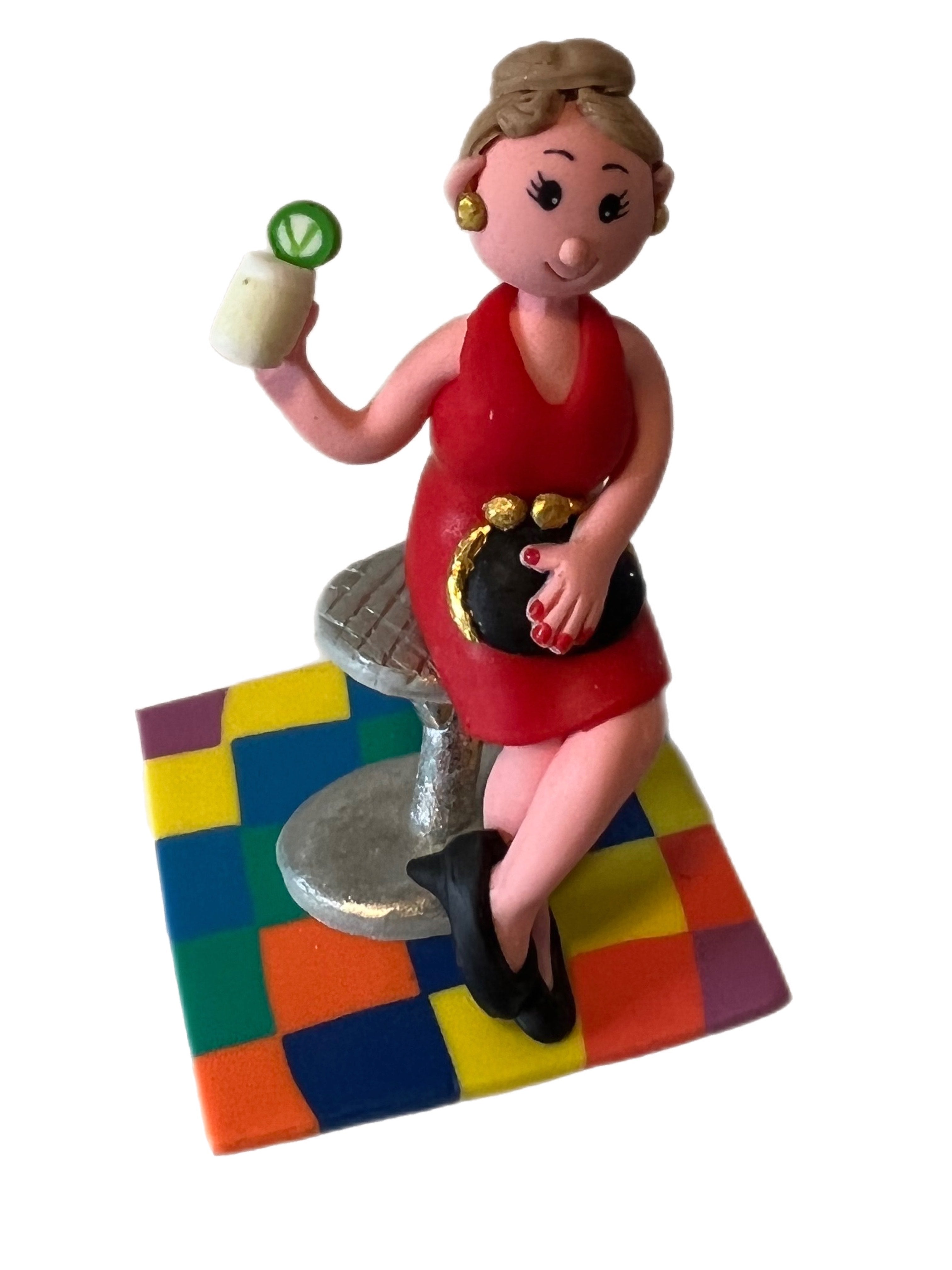 Claydough Evening Party Lady with Drink / Disco Groovy Woman Figure Cake Topper