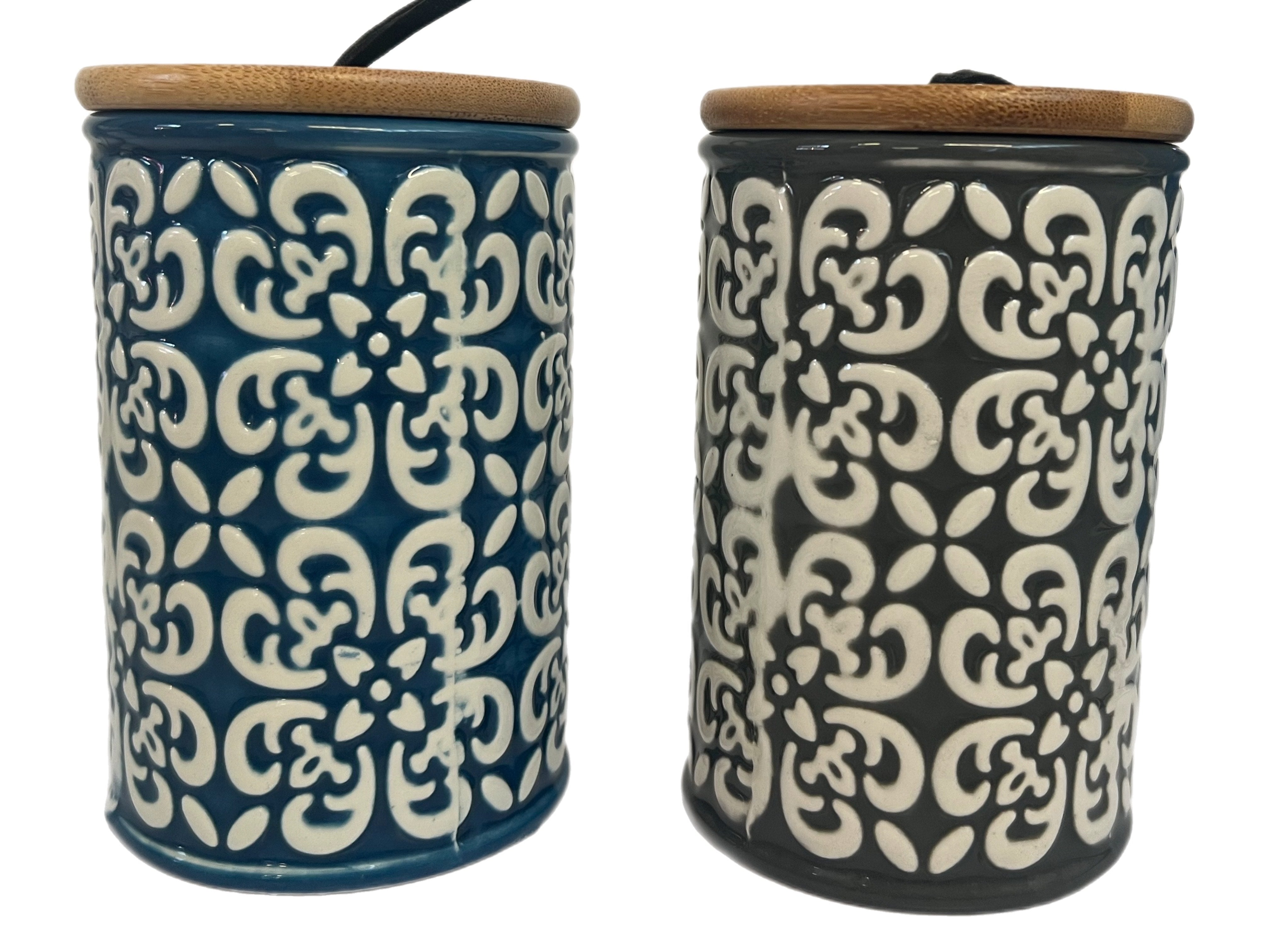 Embossed Ceramic Storage Canister with Wooden Lid - Sold Singly