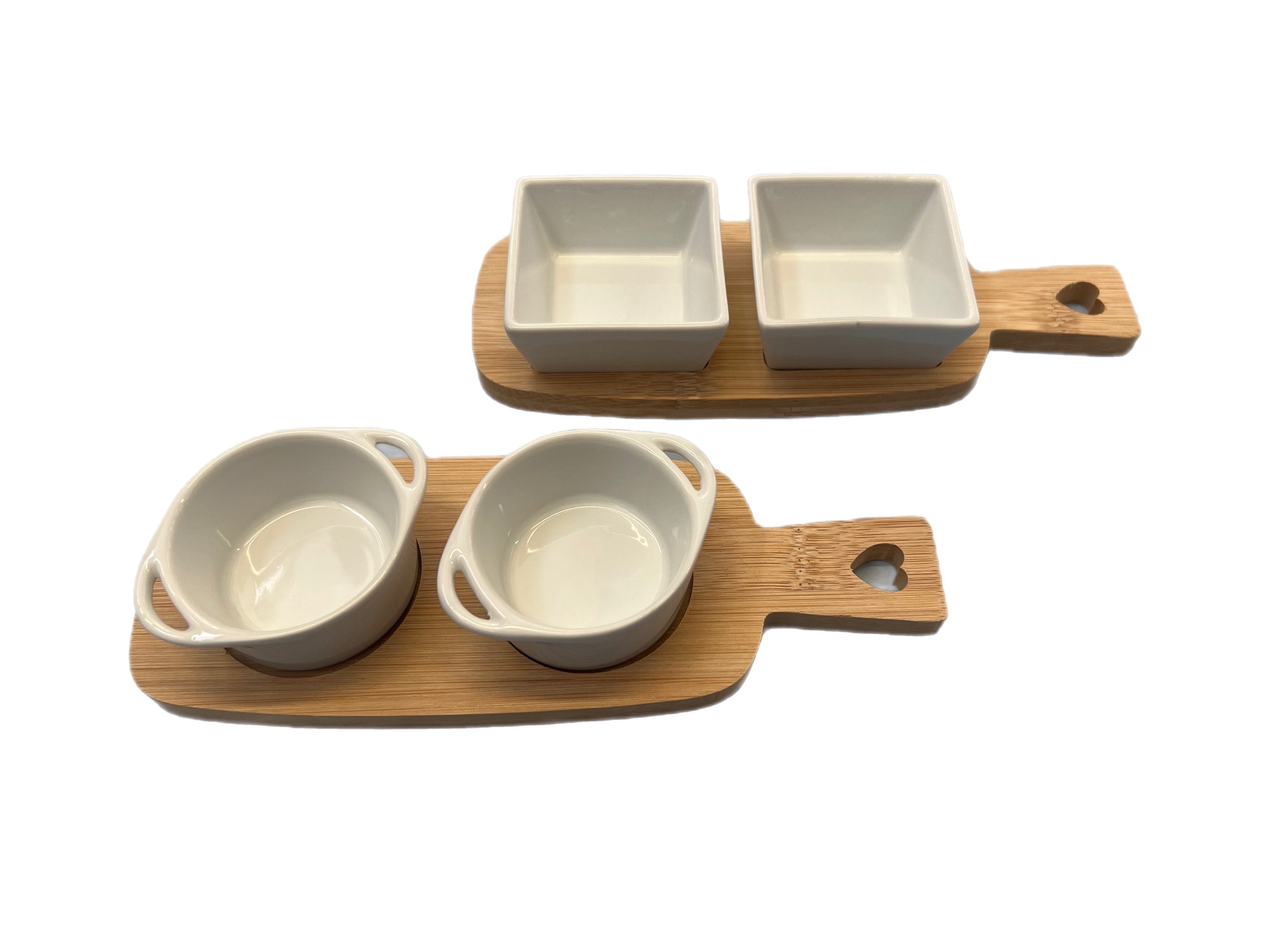 Wooden Board Double Dip Ceramic Pot Serving Sauce Pot Paddle - Choose Design
