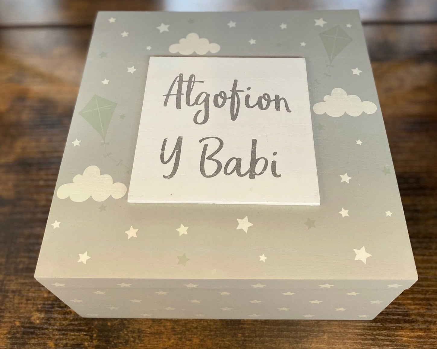 Baby Memory Box - Welsh Grey Wooden Keepsake Box "Atgofin y Babi" - The Cooks Cupboard Ltd
