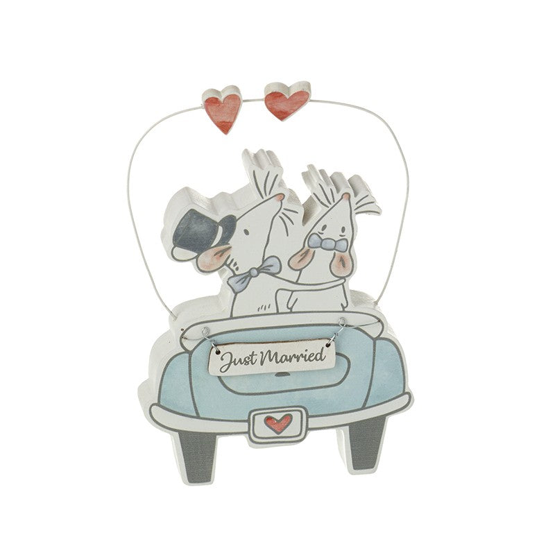 Just Married Mice In Car Wood Shelf Decoration Wedding Keepsake Gift - The Cooks Cupboard Ltd