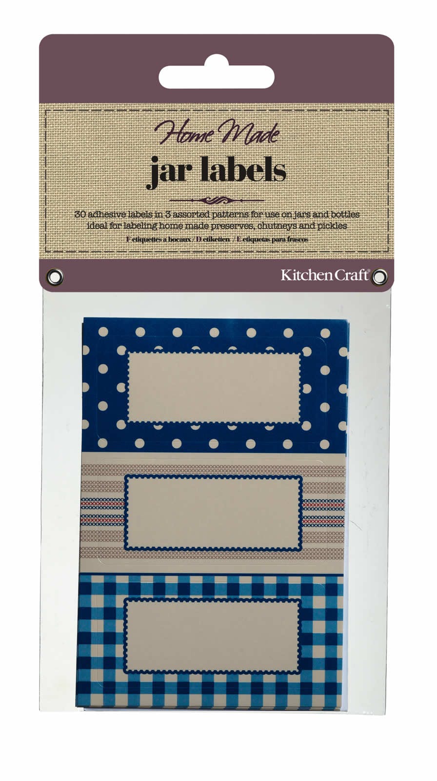 Home Made Pack of 30 Jam Jar Labels - Stitched Stripes - The Cooks Cupboard Ltd