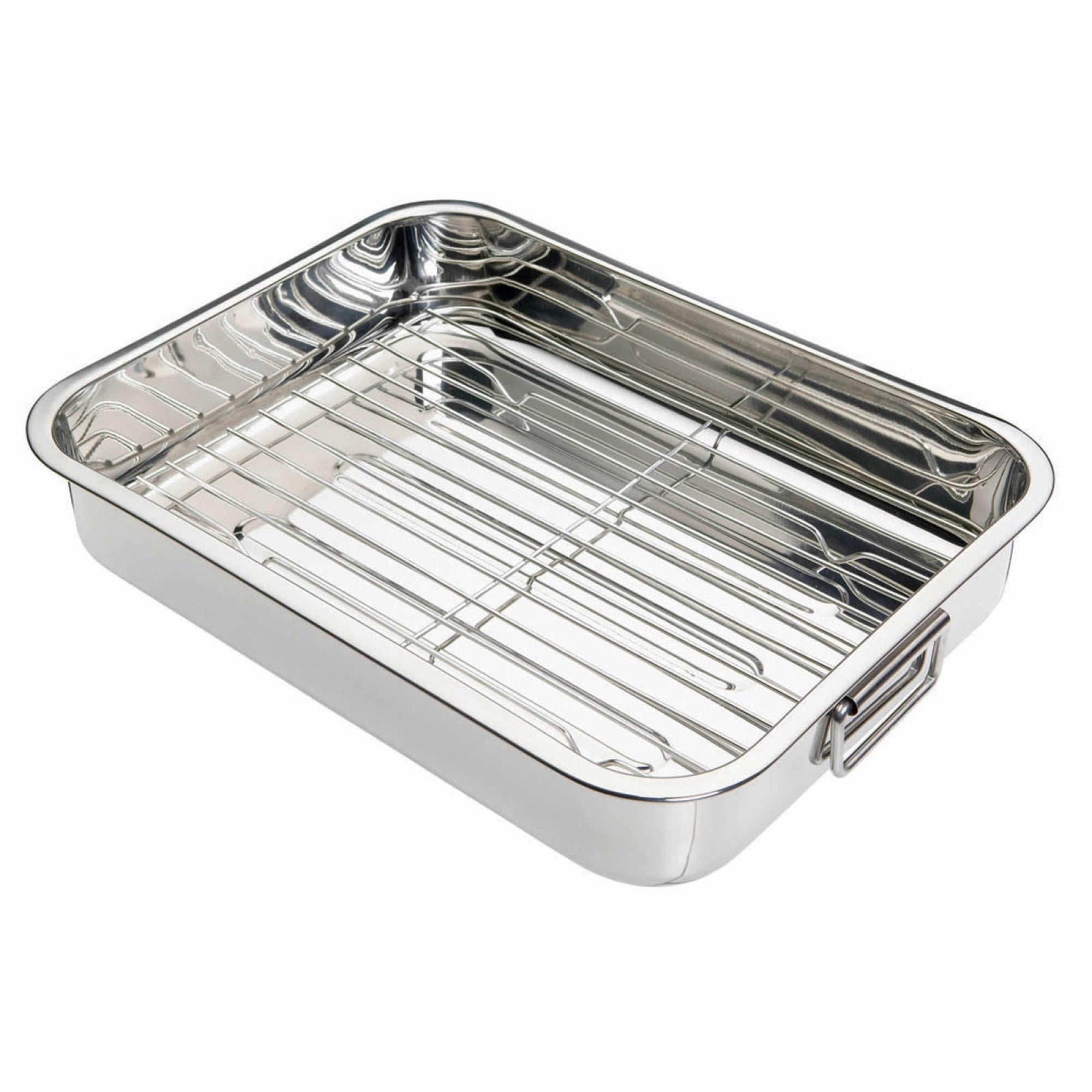 KitchenCraft Stainless Steel 38cm x 27.5cm Roasting Pan with Removable Rack - The Cooks Cupboard Ltd