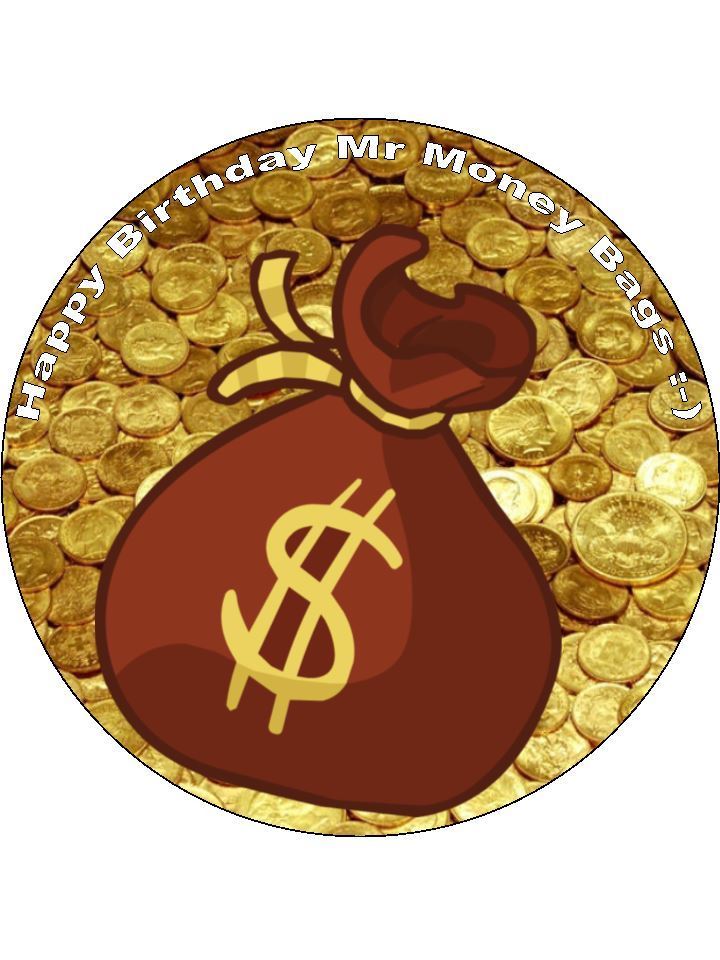 Mr Money Bags Coins Funny Personalised Edible Cake Topper Round Icing Sheet - The Cooks Cupboard Ltd