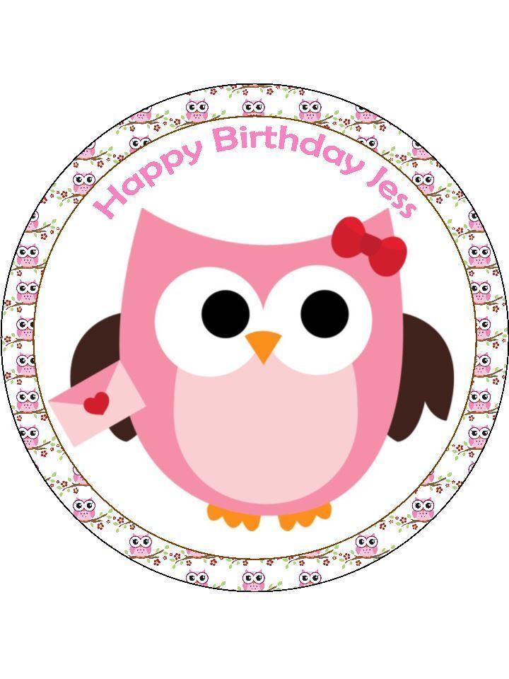 Owl pink cute animal bird Personalised Edible Cake Topper Round Icing Sheet - The Cooks Cupboard Ltd