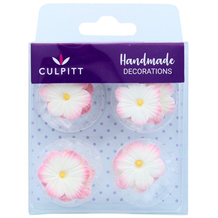 Pink Daisy Flower Edible Sugar Pipings Cupcake or Cake Decorations - Pack of 12