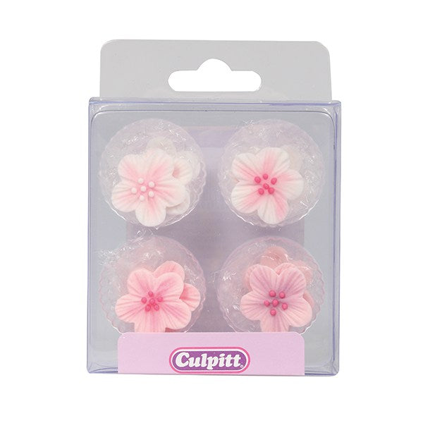 Pink Flower Edible Sugar Pipings - Pack of 12 - The Cooks Cupboard Ltd