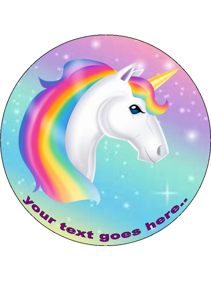 Pretty Unicorn rainbow Personalised Edible Cake Topper Round Icing Sheet - The Cooks Cupboard Ltd