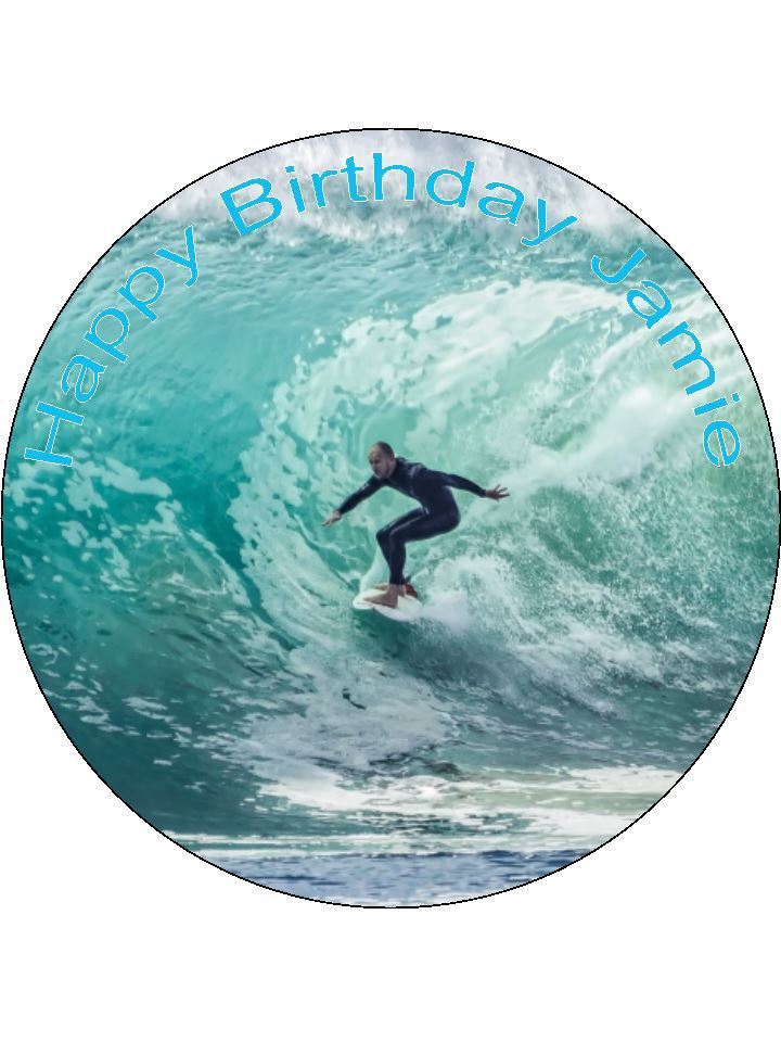 Surfing Surfer Sea Water Personalised Edible Cake Topper Round Icing Sheet - The Cooks Cupboard Ltd
