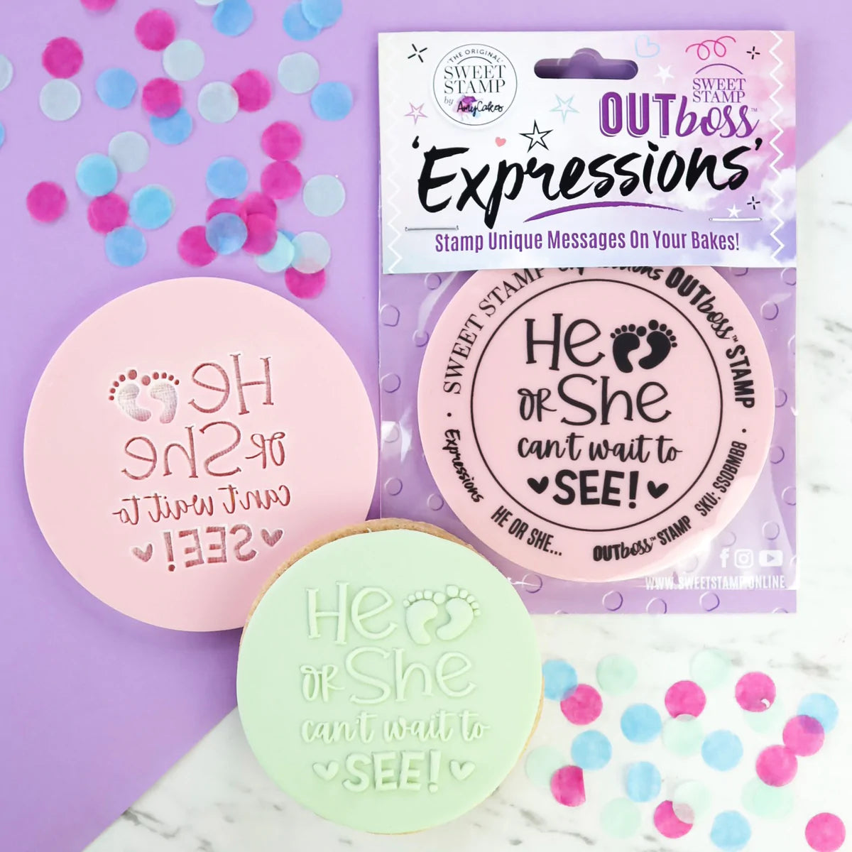 Sweet Stamp OUTboss Outbossing Sugarcraft Stamp - He or She Can't Wait to See with Baby Feet