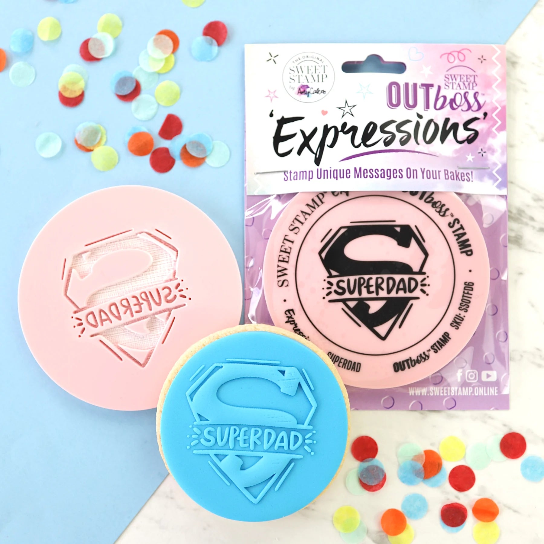 Sweet Stamp OUTboss Outbossing Sugarcraft Stamp - Super Dad - Superhero Style