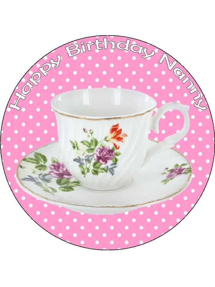 Tea Cup Saucer pink Personalised Edible Cake Topper Round Icing Sheet - The Cooks Cupboard Ltd