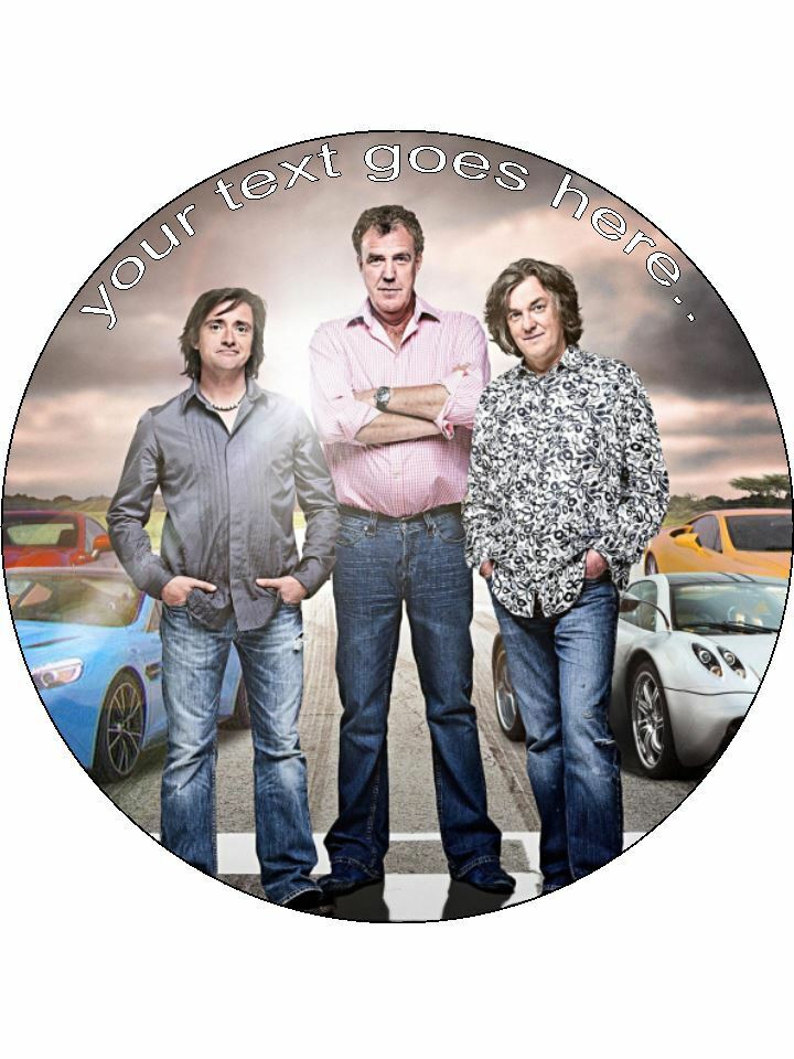 Top gear May, Hammond, Clarkson Personalised Edible Cake Topper Round Icing Sheet - The Cooks Cupboard Ltd