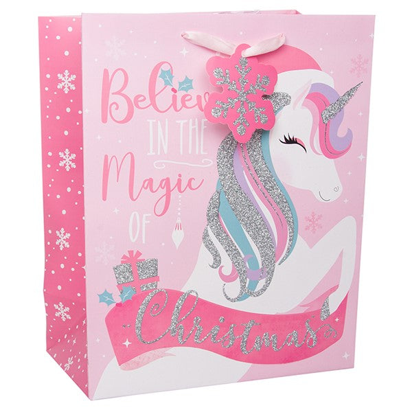Unicorn Christmas Pink & Glitter Gift Bag with Snowflake Tag. - The Cooks Cupboard Ltd
