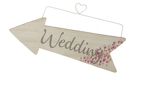 Wooden Event Arrow With Tiny Hearts and Wire Hanger - WEDDING - The Cooks Cupboard Ltd