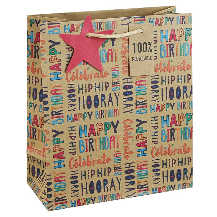 Kraft Hip Hip Hooray Happy Birthday Design Gift Bag - Medium