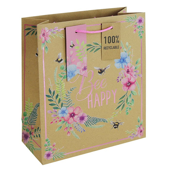 Kraft Bee Happy Floral Design Gift Bag - Medium