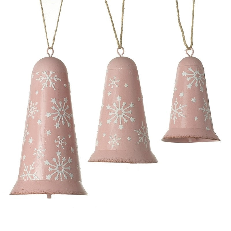 Vintage Decorative Distressed Pink Snowflake Hanging Metal Bell - Sold singly - Kate's Cupboard