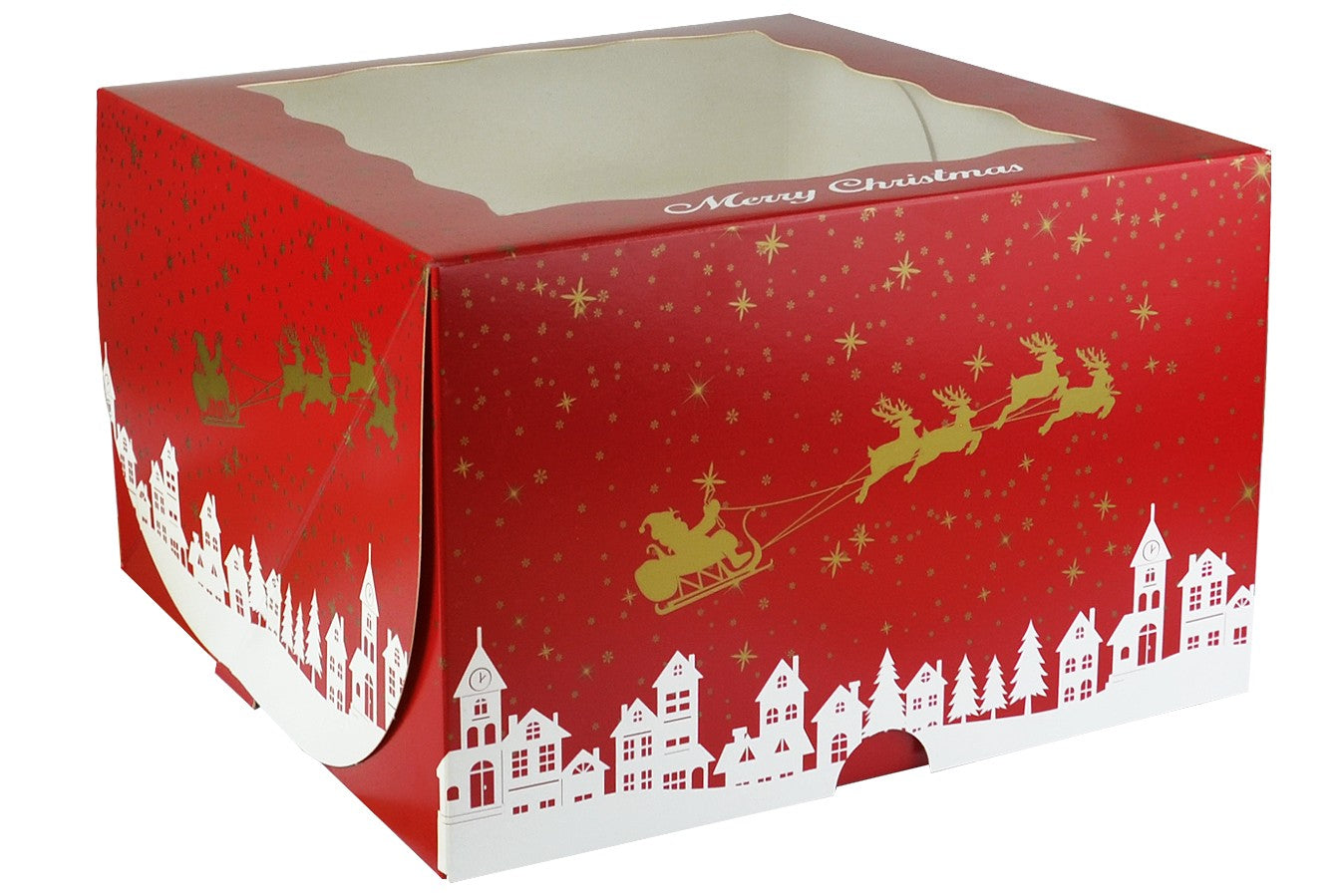 Christmas Cake Box with Window Red Christmas Reindeer  10" x 10" x 6" - Kate's Cupboard