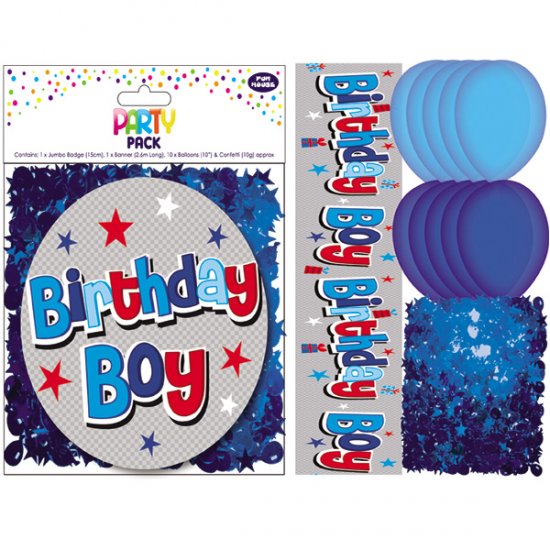 Birthday Boy Party Pack - Jumbo Badge, Banner, Latex Balloons and Confetti