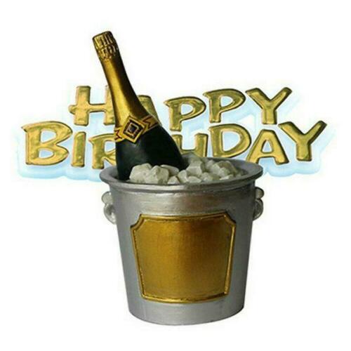 Resin Champagne Bottle in Ice Bucket Cake Topper with Gold Happy Birthday Motto - The Cooks Cupboard Ltd