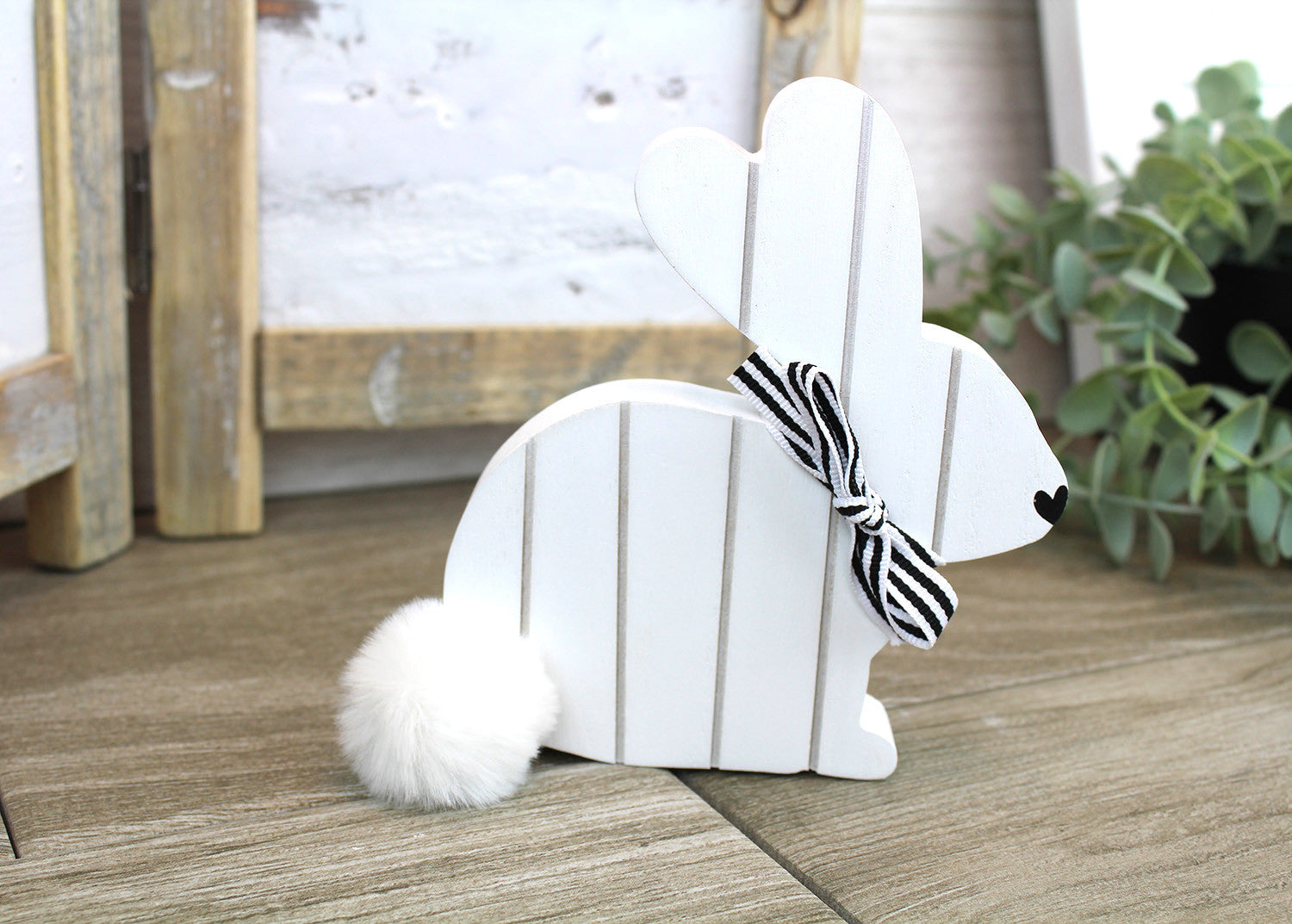 Wooden Block Style White Bunny Rabbit with Bow Detail - Kate's Cupboard