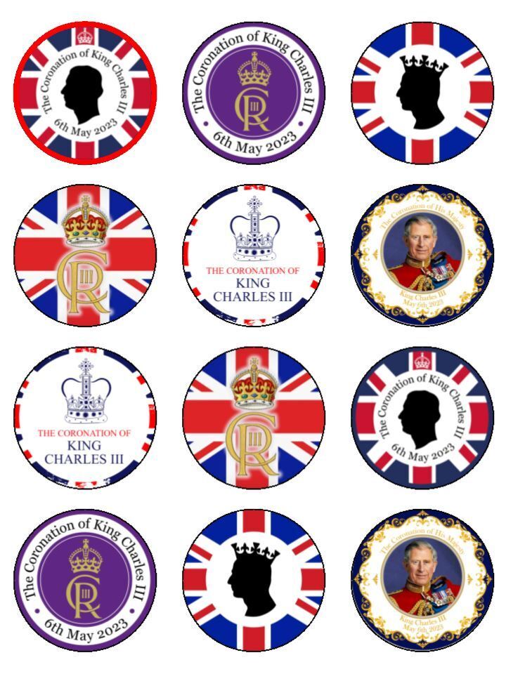 The King Charles III Celebration Patriotic Edible Printed Cupcake Toppers Icing Sheet of 12 Toppers