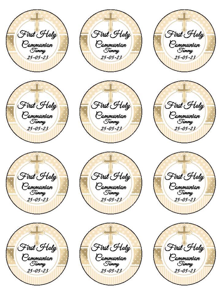 Personalised First 1st Holy Communion Gold Theme Edible Printed Cupcake Toppers Icing Sheet of 12 Toppers