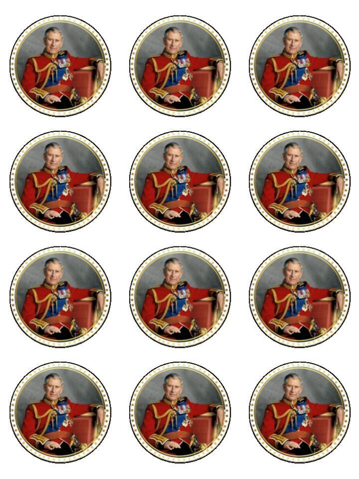 King Charles III Coronation Celebration Patriotic Edible Printed Cupcake Toppers Icing Sheet of 12 Toppers