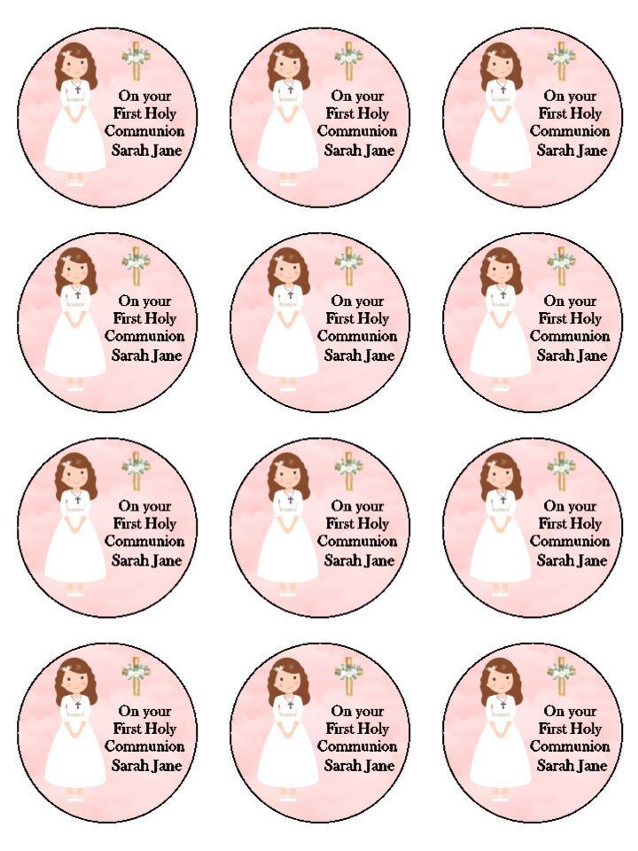 Personalised First 1st Holy Communion Pink Theme Edible Printed Cupcake Toppers Icing Sheet of 12 Toppers