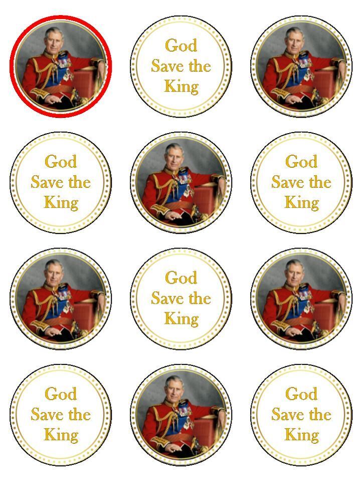 God Save The King Charles III Coronation Celebration Patriotic Edible Printed Cupcake Toppers Icing Sheet of 12 Toppers