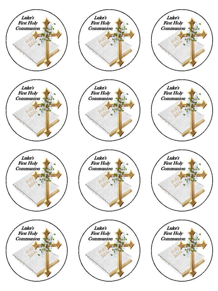 Personalised First 1st Holy Communion Bible and Cross Edible Printed Cupcake Toppers Icing Sheet of 12 Toppers