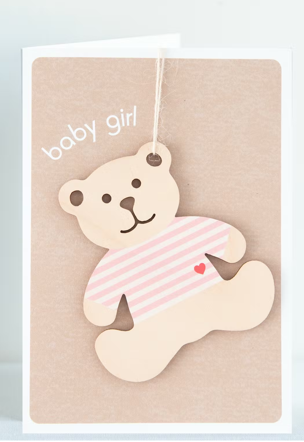 Greeting Card with Envelope -  Baby Girl with Wooden Keepsake Teddy Bear