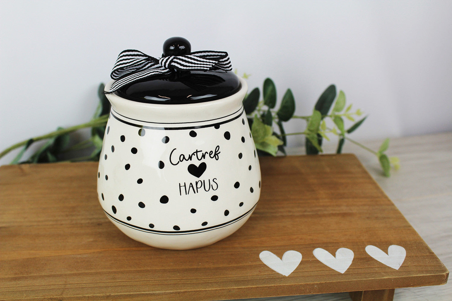 Catref Hapus Ceramic Storage Canister with Black Dot and Heart Detail - Kate's Cupboard