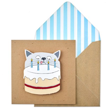 Greeting Card with Envelope - Krafty Cat with Birthday Cake - Cat Theme