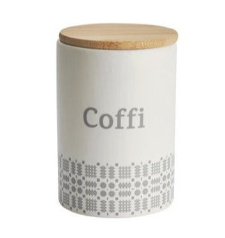 White with Grey Detail Ceramic Storage Cannister with Wooden Lid - Coffi - Welsh Coffee